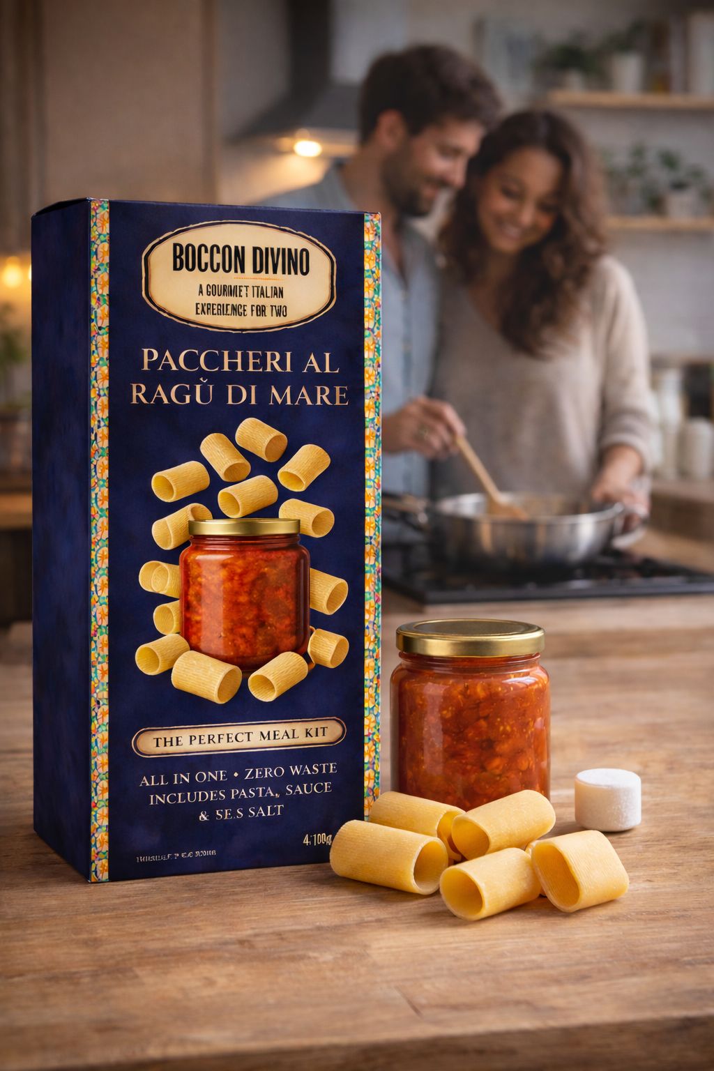 Boccon Divino Paccheri al Ragu di Mare meal kit with a couple cooking in the background